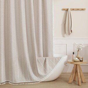 MitoVilla Boho Farmhouse Fabric Shower Curtain, Tan Brown Tasseled